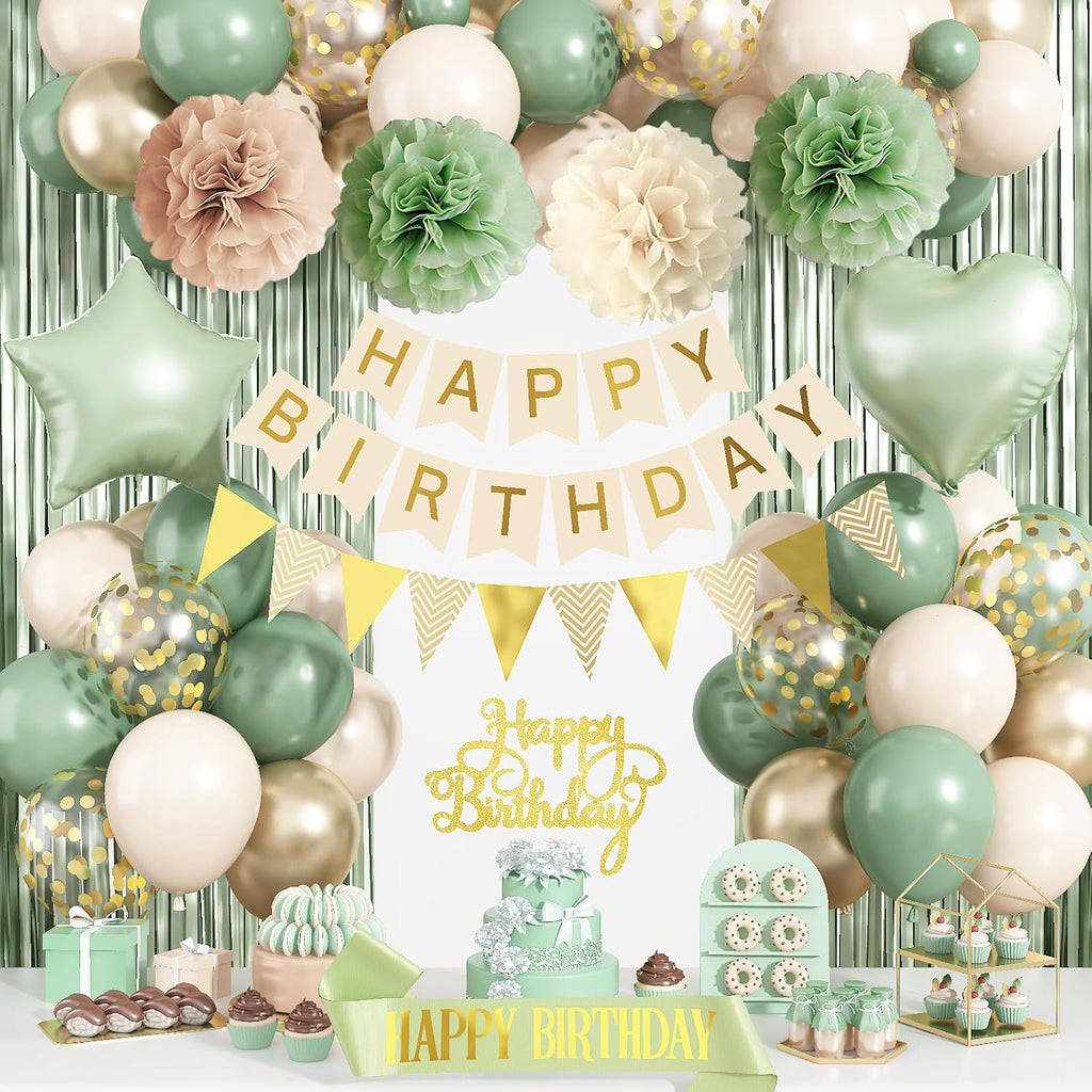 Sage Green Birthday Decorations - Elegant Foil & Latex Balloons, Happy Birthday Banner & Cake Topper | Perfect for Women & Girls