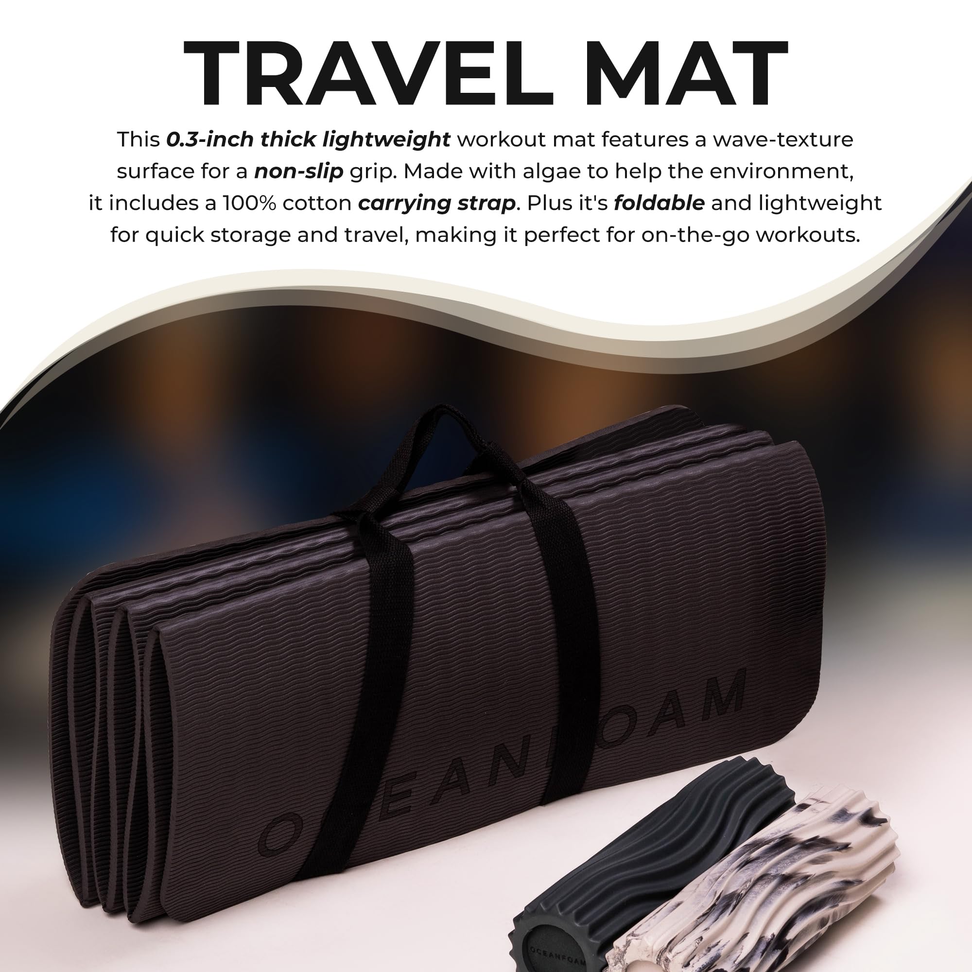 Oceanfoam Travel Workout Mat – 0.3" Thick Folding Exercise Mat for Yoga, Pilates, & Fitness – Non-Slip with Cotton Carrying Strap, Made with Sustainable Algae Foam – 24" x 72" (Charcoal)