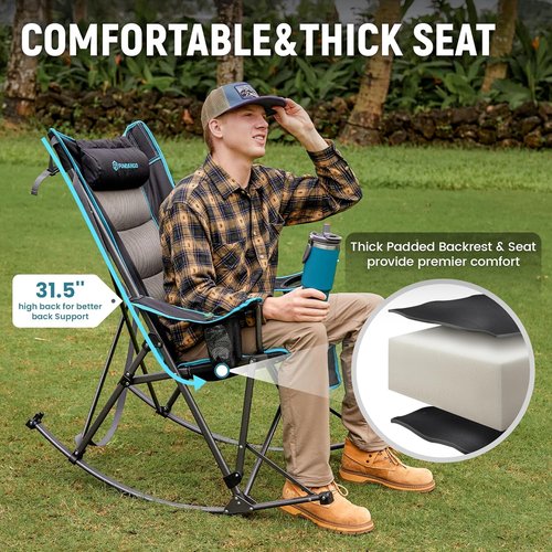 FUNDANGO Oversized Rocking Camping Chair - High Back Padded with Pillows & Cup Holders | Supports 440lbs (Black)