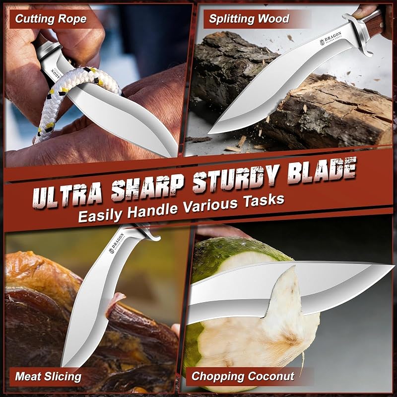 Dragon Creek Kukri Fixed Knife - 15° V-Edge Blade, Wooden Handle, Leather Sheath - Tan