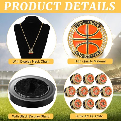 Highergo 10 Pcs Trophy Rings Set - Softball, Baseball, Basketball & More | Includes Display Stand