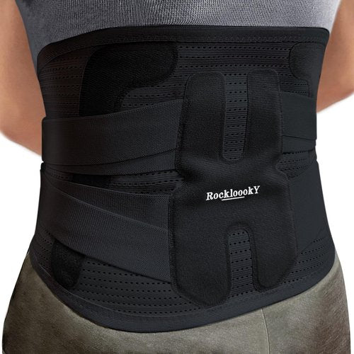 RockloookY Lower Back Brace for Women Men, Adjustable Lumbar Support with Ergonomic Metal Stays for Work,Lifting,Drive,Fitness, Breathable Fabric Support Belt with 3D Pad,Black,Size XXL,Waist 52"-62"