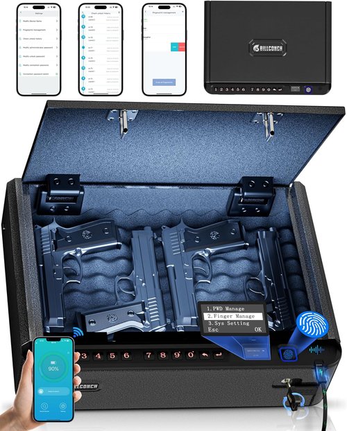 BILLCONCH Biometric Gun Safe - Quick Access Pistol Safe with LCD & Voice Guide for Home or Car