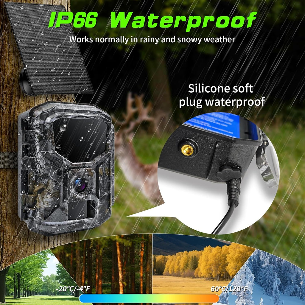 Trail Camera - Solar Powered 4K 60MP WiFi Game Camera with 0.1s Trigger & 7800mAh Battery | 65FT Detection, Night Vision, IP66 Waterproof, 32GB Card Included