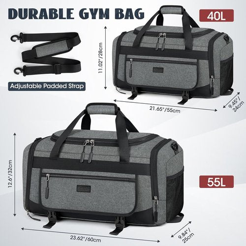 IGOLUMON Gym Bag - 40L Water-Resistant Sports Duffel with Shoe Compartment & Wet Pocket - Gray