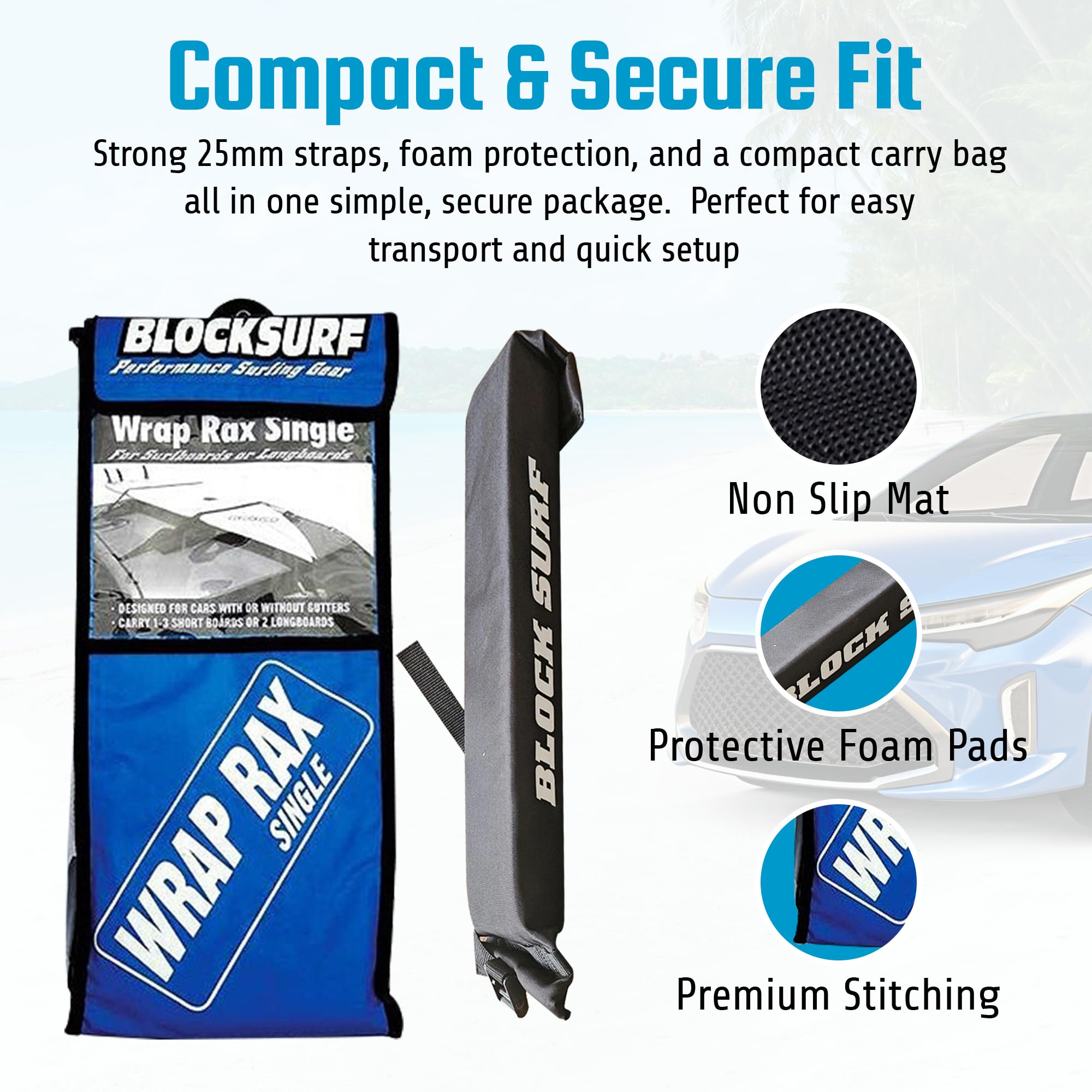 BLOCKSURF Surfboard Roof Rack for Car | Universal Soft Roof Rack for Cars & SUVs | Holds 2-3 Surfboards | Heavy-Duty Straps & Buckles for Highway Speeds | Easy Install & Removal