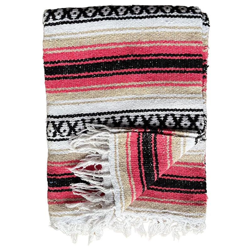 Del Mex Pink/Tan Falsa Blanket 70 x 50 inches - Handmade Mexican Throw
