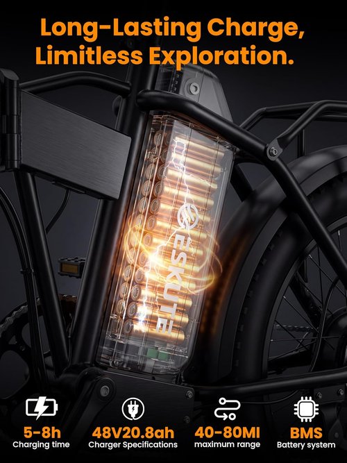 ESKUTE D300 Electric Bike - 1200W Peak Motor, 48V 20.8Ah Battery, 28 MPH, 80 Miles Range, Foldable Design