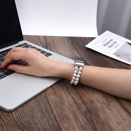 Wongeto Compatible with Fitbit Charge 4 Charge 3 and Charge 3 SE Bands,Fashion Handmade Elastic Stretch Pearl Bracelet Women Replacement Strap for Fitbit Charge 3 accssorises (Pearl White)
