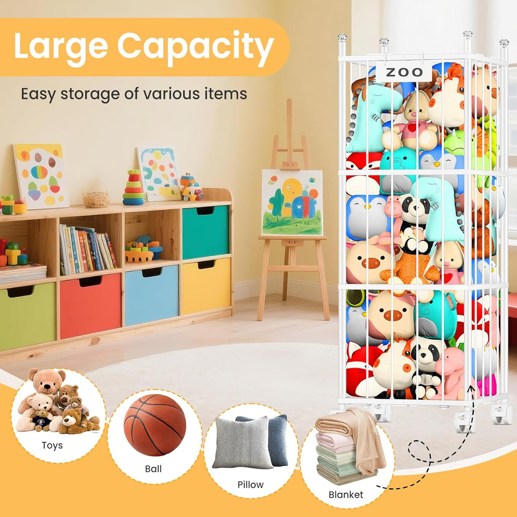 TomCare Extra Large Stuffed Animal Storage - Space-Saving Organizer with 4 Lockable Wheels for Playroom & Bedroom