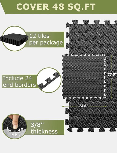 Innhom Gym Flooring Tiles - Durable Foam Exercise Mats for Home Gym | 12/24/48 Tiles Available