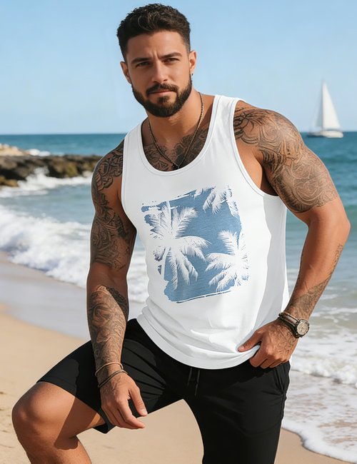 Gosuif Tank Tops Men Graphic Mens Beach Tank Tops for Men Summer Palm Tree Printed Hawaiian Sleeveless Workout Shirts for Men Muscle Gym Running Tank Top for Men White X-Large