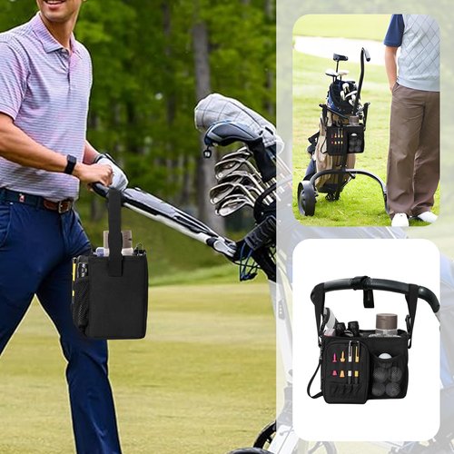 PGmoon Golf Push Cart Organizer Bag with Insulated Cup Holder and Multi-Pockets, Fits Most Carts