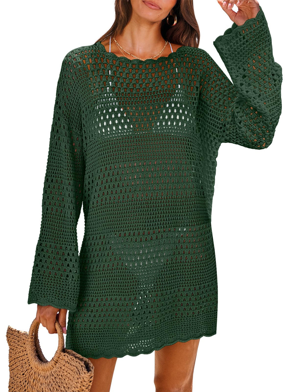 ANRABESS Women Swimsuit Crochet Swim Cover Up 2026 Summer Bathing Suit Swimwear Mesh Knit Beach Dress Vacation Outfits Deep Green Small