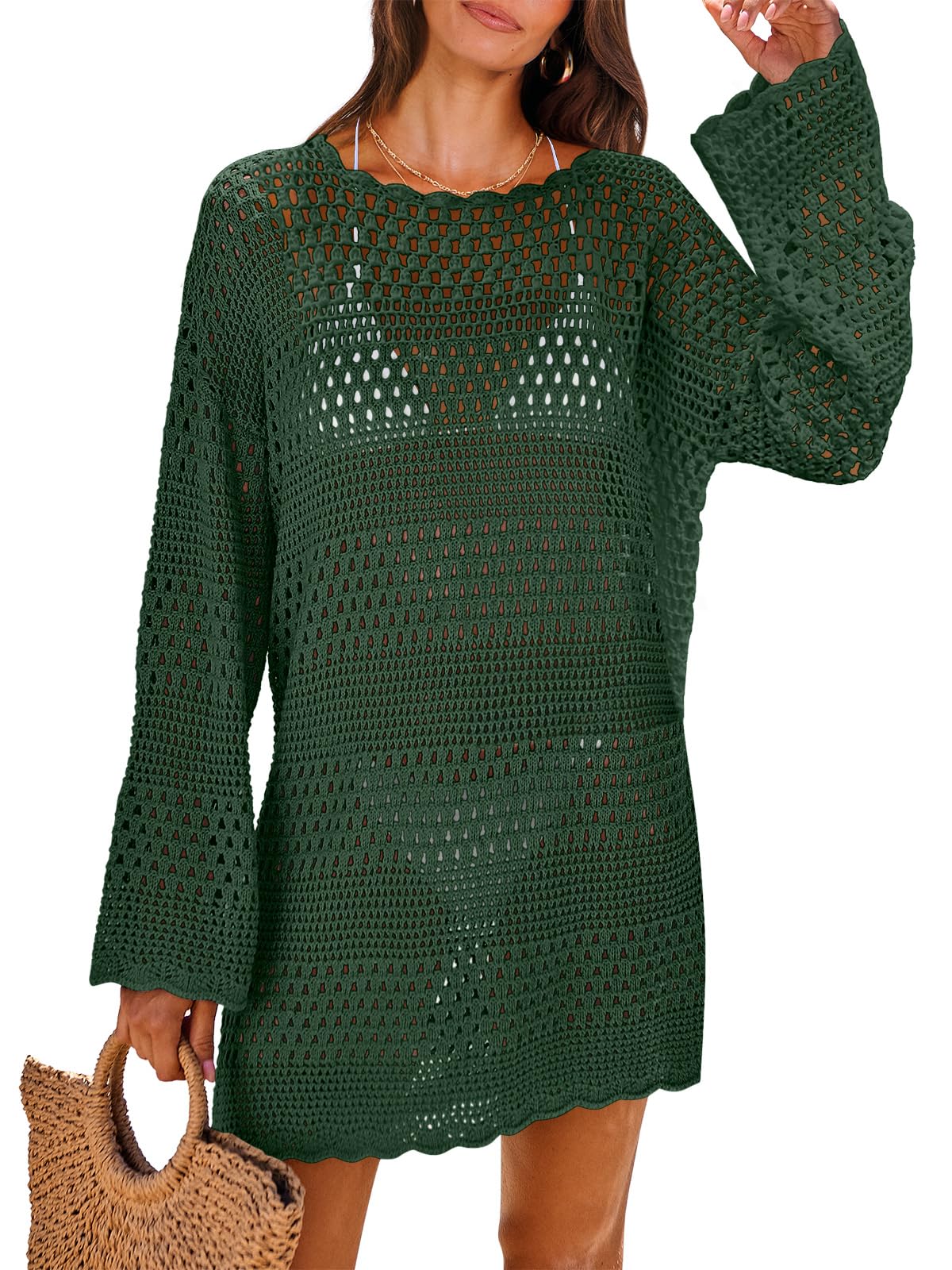 ANRABESS Women Swimsuit Crochet Swim Cover Up 2026 Summer Bathing Suit Swimwear Mesh Knit Beach Dress Vacation Outfits Deep Green Small