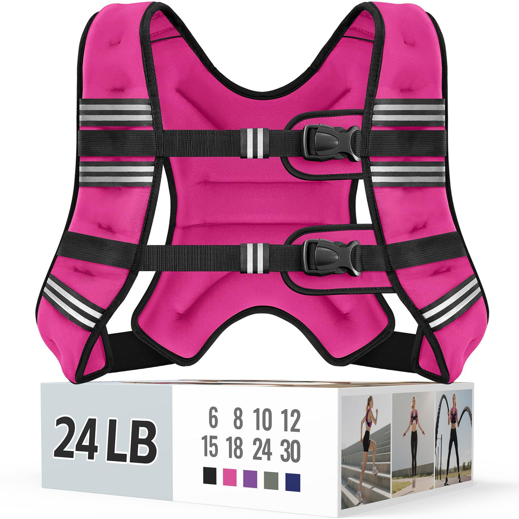Zeerun Weighted Vest, 6lb/8lb/10lb/12lb/15lb/18lb/20lb/24lb/30lb for Men Women, Reflective Stripe Adjustable Buckle, Comfortable Durable Rucking Vest for Walking Running Strength Training, 24LBS-Pink