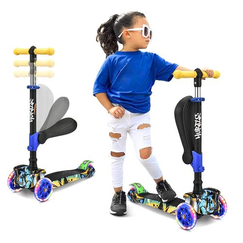 Hurtle ScootKid 3-Wheel Kids Scooter - Child & Toddler Toy Scooter with Built-in LED Wheel Lights, Fold-Out Comfort Seat (Ages 1+) (Graffiti)