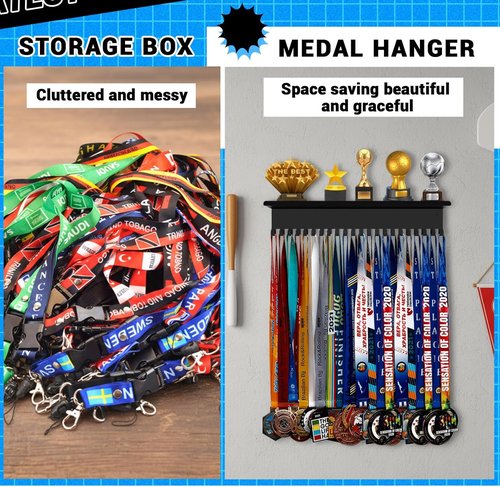 Moxweyeni Medal Hanger Display - Non-Slip Wall Mount Trophy Shelf with 22 Hooks & DIY Alphabet Stickers