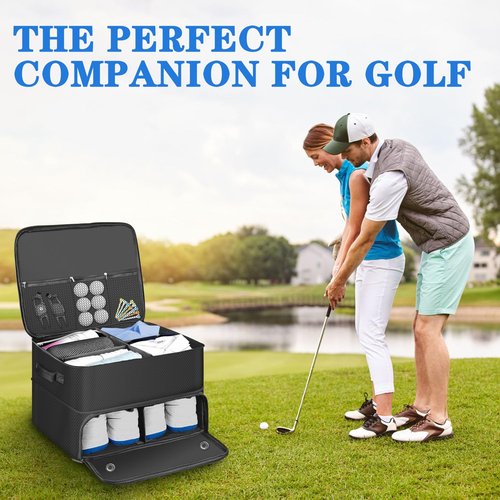 Jenlan Golf Trunk Organizer, 2 Layer Car Trunk Locker with Separate Ventilated Shoe Compartment - Waterproof Golf Accessories Storage for Balls, Tees, Clothes, Gloves | Golf Gifts for Men Golfers