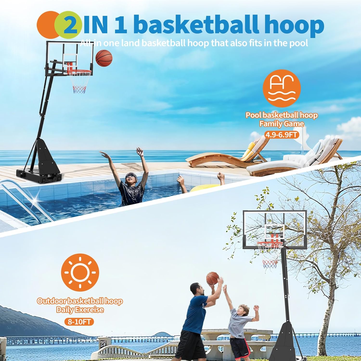 Skiennix Height Adjustable Basketball Hoop - 4.9-10FT Mobile Goal System with Weighted Base for Youth & Adults | Driveway & Backyard Play