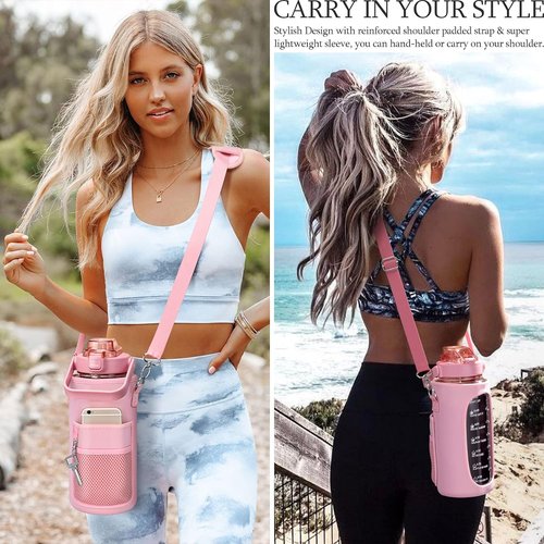 Crownnie Queen 64oz/Half Gallon Water Bottle Carrier Bag Holder with Adjustable Shoulder Strap 2 Pocket Sling Neoprene Sleeve, Crossbody Sports Accessories for Gym, Sports, Outdoor (Pink)