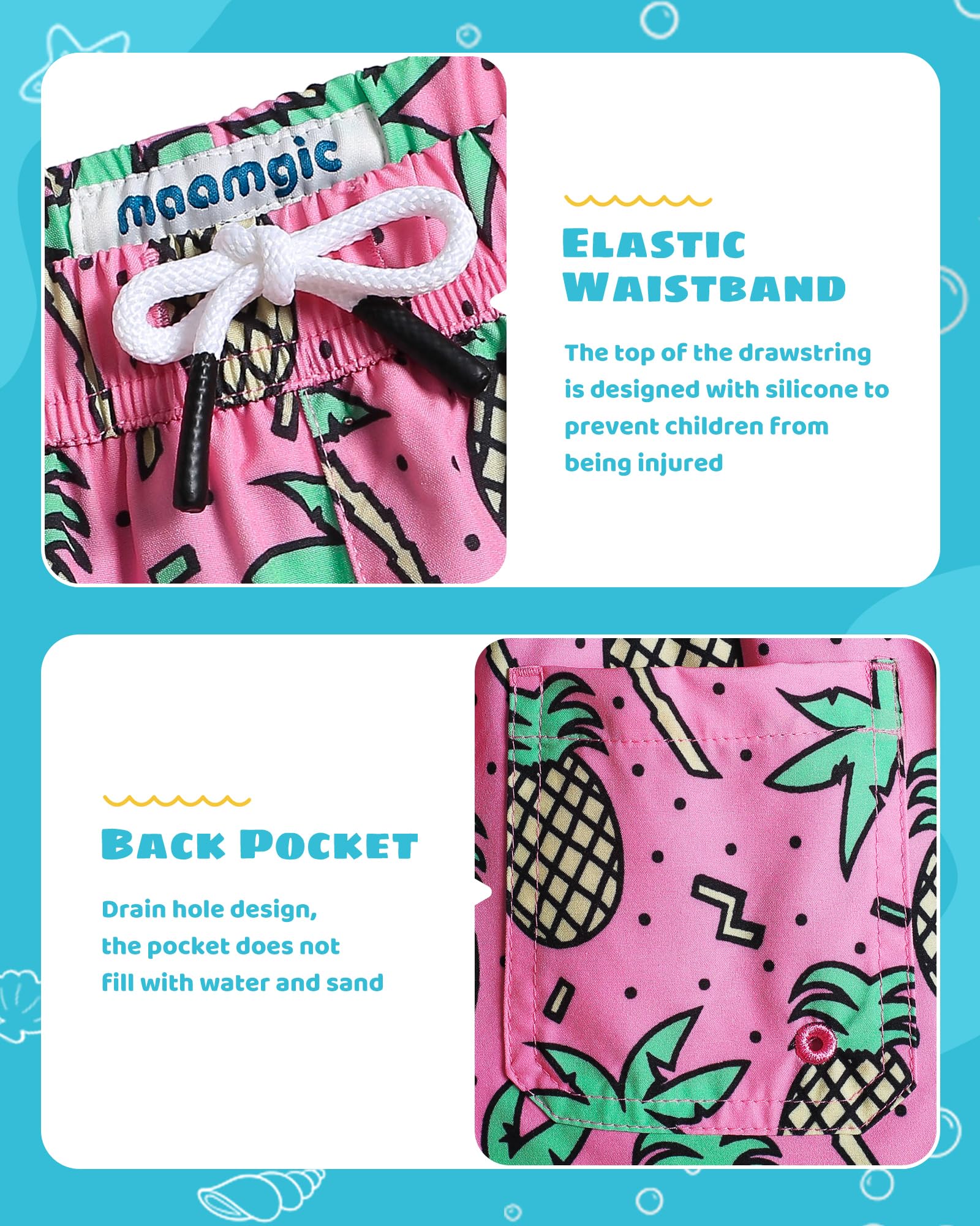 maamgic Boys Swim Trunks with Compression Liner Toddler Stretch Swim Shorts Quick Dry Swimming Trunks Boxer Brief 2 in 1 Beach Shorts Rose Coconut 2T