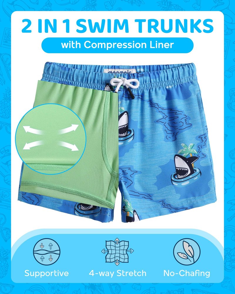 maamgic Boys Swim Trunks with Compression Liner Toddler Boy Swimsuit Quick Dry 4-Way Stretch Swimming Trunks Swim Ring Shark Blue 2T