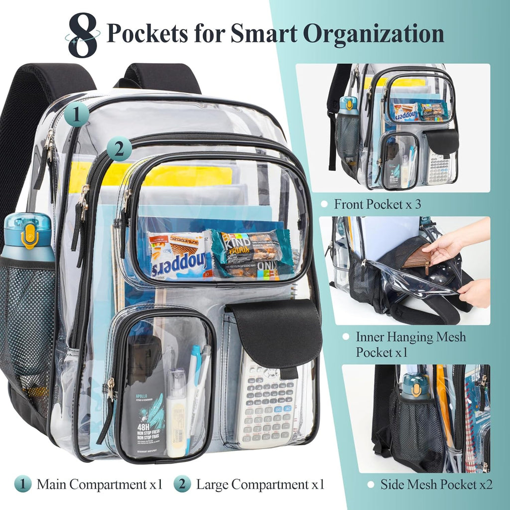 PACKISM Clear Backpack - 18 Inch Heavy Duty Transparent School Bag with 3 Front Pockets, Black