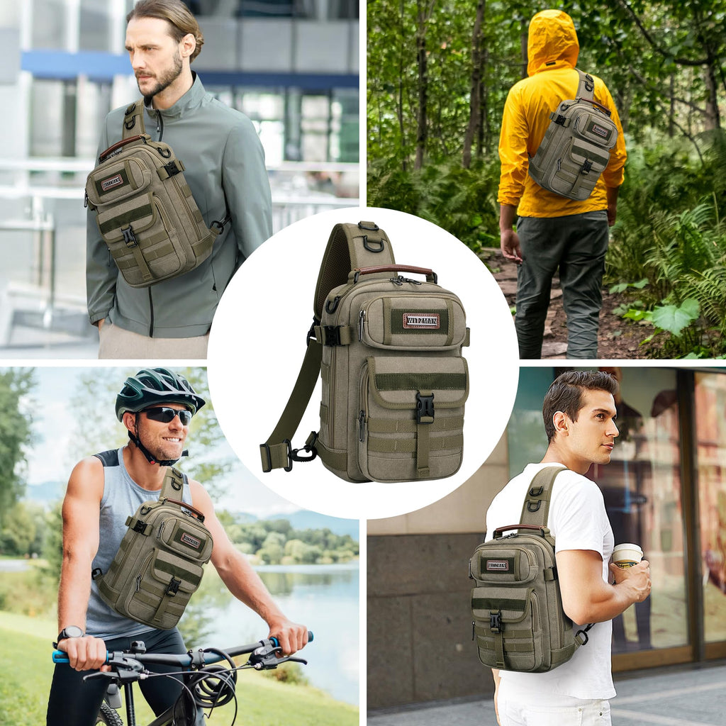 WITZMAN Sling Bag for Men Canvas Shoulder Crossbody Bags Large Vintage Bags for Men Travel, Casual, Daily(A8021 Army Green)