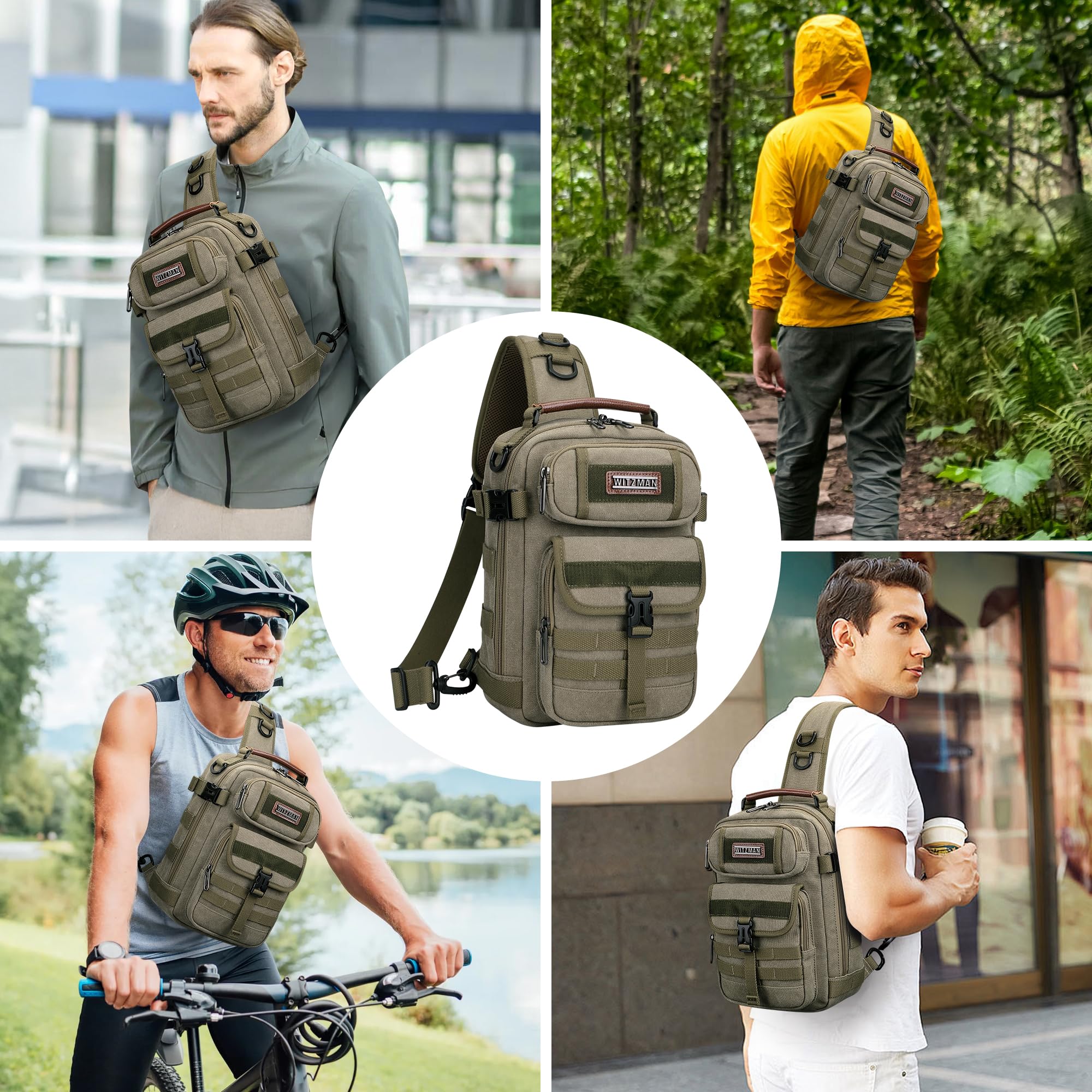 WITZMAN Sling Bag for Men Canvas Shoulder Crossbody Bags Large Vintage Bags for Men Travel, Casual, Daily(A8021 Army Green)