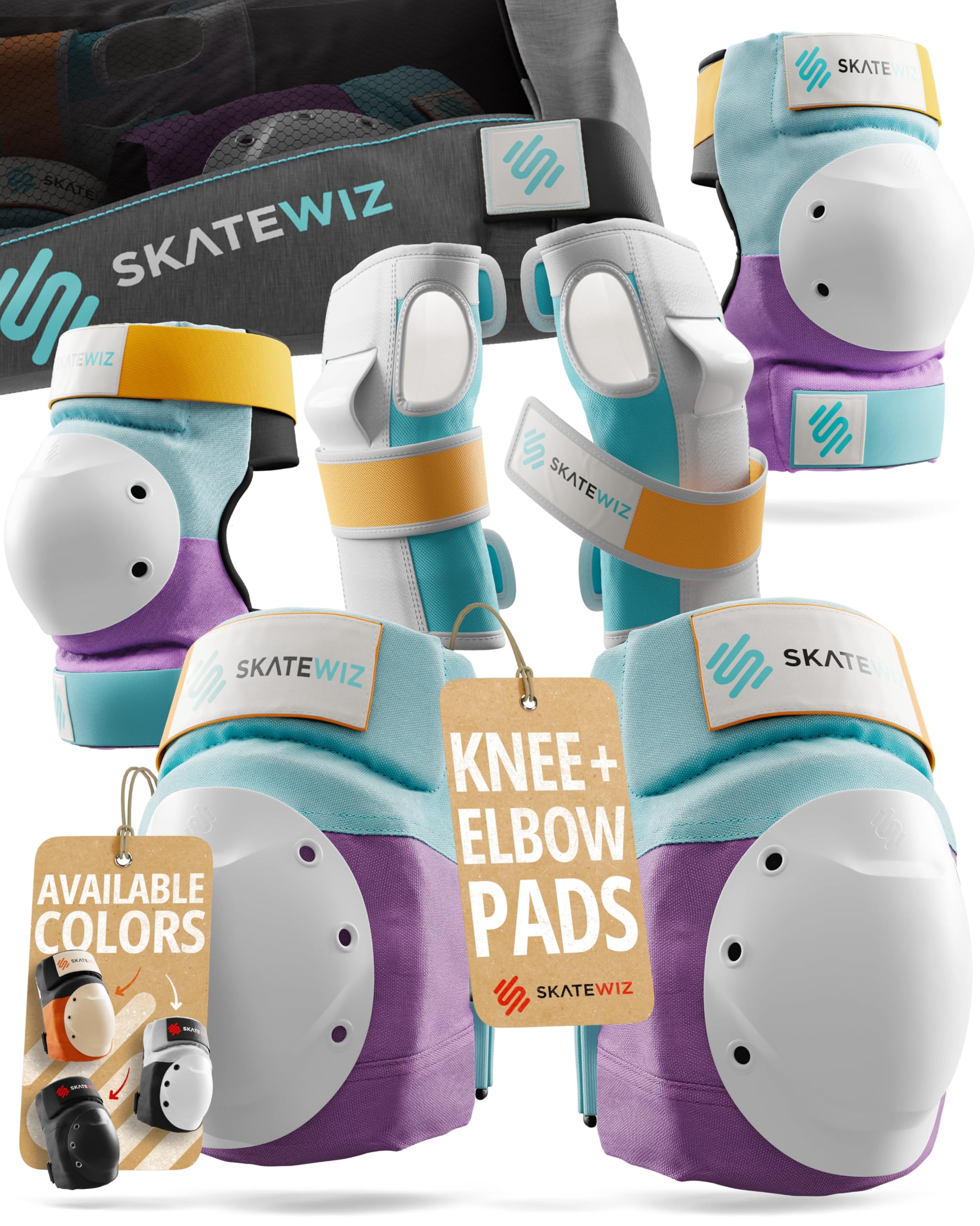 SKATEWIZ Knee and Elbow Pads Adult - Skating Protective Gear Adult - Shield - Size M/L Lavender Blue - Skateboard Pads with Wrist Guards for Inline Skates, Roller Skate - Ice Skates for Women