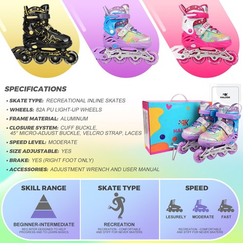 HALOSK Kids Inline Skates for Girls Boys with Light Up Wheels, Adjustable Blade Skates Gradient Glitter Star with Breathable Comfort Liner for Youth Beginners, for Ages 5–16