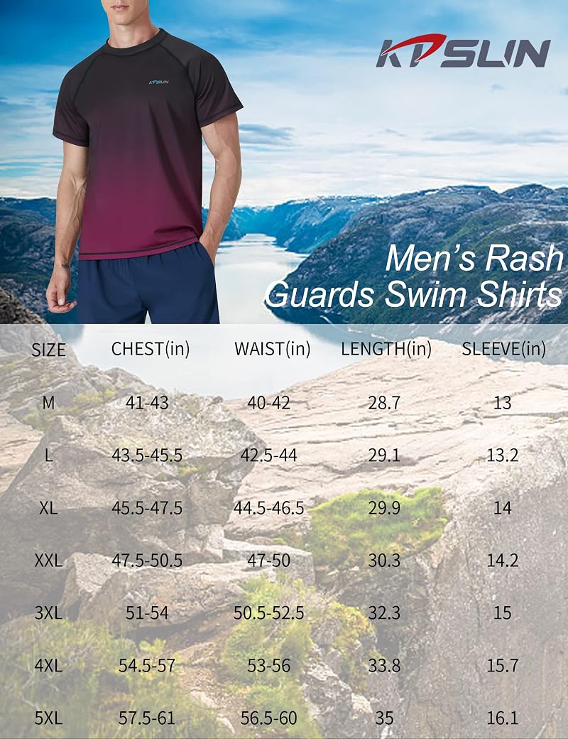 Mens Rash Guard Swim Shirt UPF 50+ Quick Dry Short Sleeve Gradient Red XXL