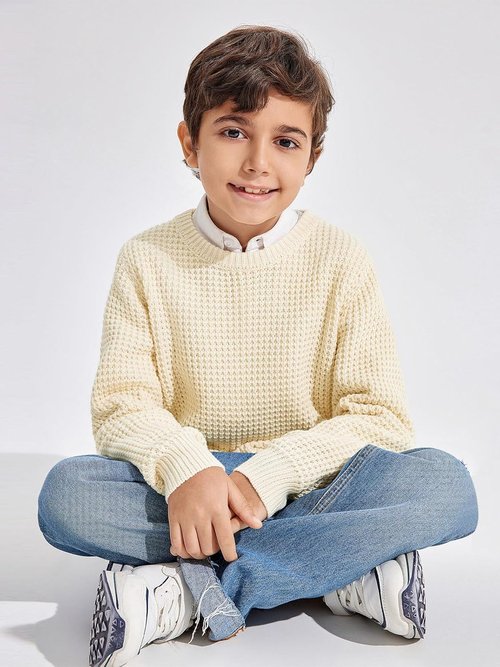 Haloumoning Boys Pullover Sweater - Chunky Crewneck Waffle Knit Jumper for Ages 4-14