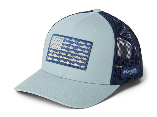 Columbia Unisex Unisex PFG Fish Flag Mesh Snap Back Hat, Crushed Blue/Carbon/Fish Flag, One Size
