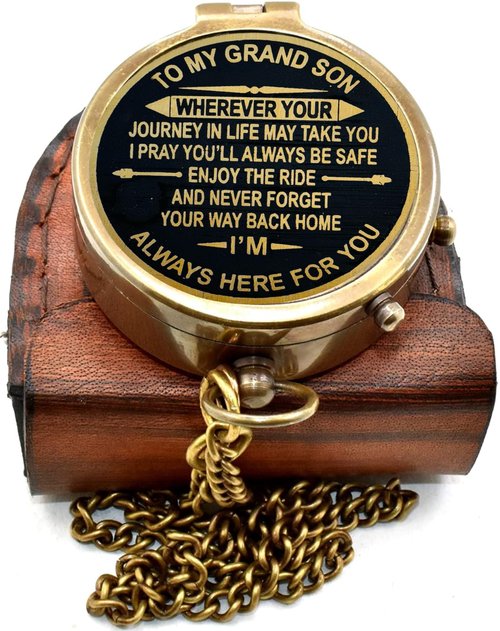 to My Grandson Engraved Brass Compass with Leather Case – Inspirational Gift from Grandfather, Vintage Pocket Navigation Tool for Travel, Hiking, Keepsake, Christmas, Birthday Present