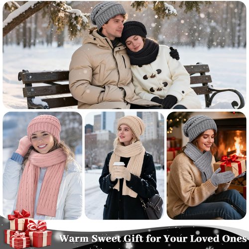 Ultrafun Womens Winter Beanie Hat Scarf Gloves Set, Satin Lined Slouchy Beanie Knit Scarf Touchscreen Gloves, Warm 3 Gift Set (Black)
