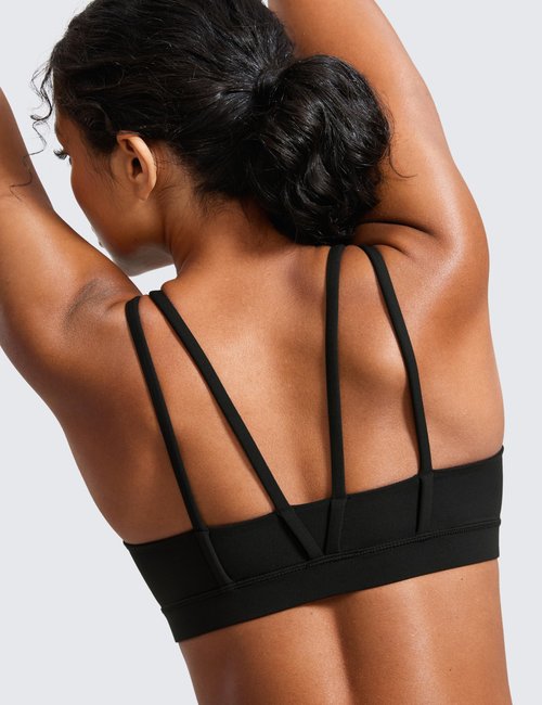 CRZ YOGA Softness Mold Butterluxe V Neck Sports Bras for Women - Workout Top Double Spaghetti Straps Wireless Yoga Clothes Black Medium