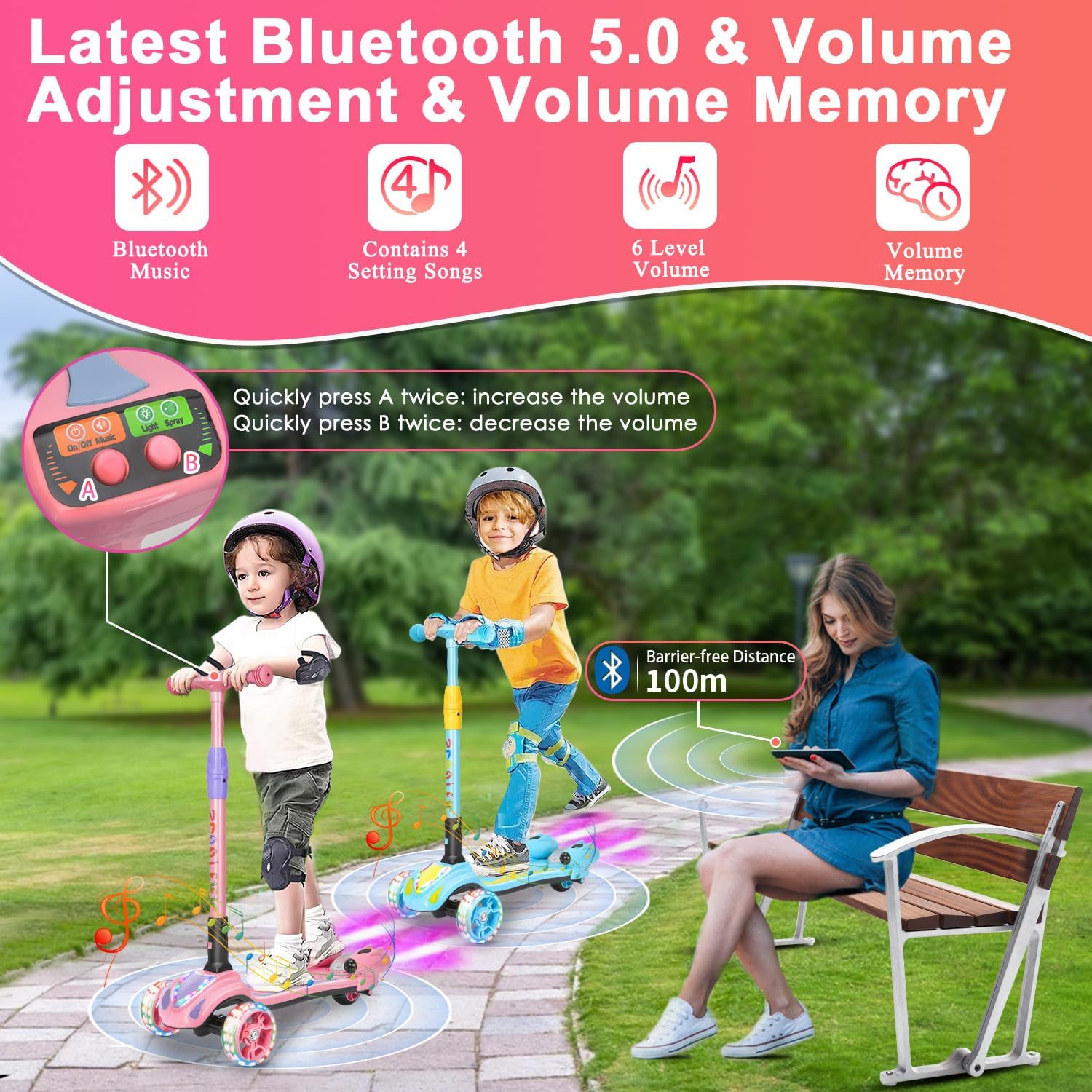 Skiennix 3-Wheel Scooter for Kids - Bluetooth Speaker, LED Lights, Foldable Design | Ages 3-10