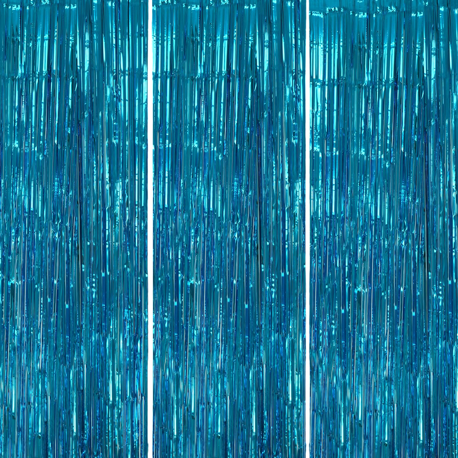 DECOCKRAT 3 Pack Foil Fringe Backdrop - Blue Shiny Tinsel Curtains for Party Decoration/Photo Booth Props - 3.3x8.2 FT Metallic Foil Backdrop for Birthday, Wedding, Graduation, Christmas.