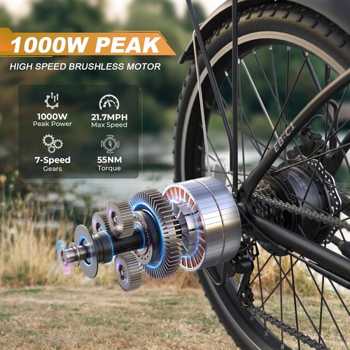 Funhang Electric Bike - 26" City Cruiser Ebike with 1000W Motor, 50 Miles Range, 7-Speed, Adjustable Stem
