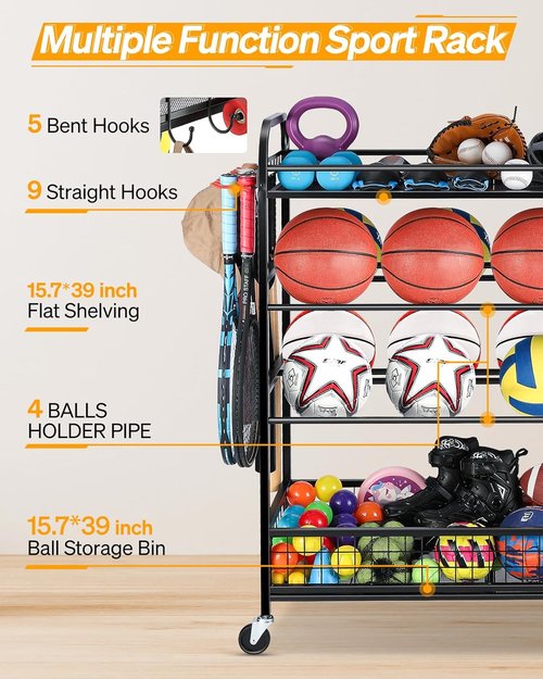 EXTCCT Garage Sports Equipment Organizer - Rolling Ball Storage Bin with Wheels | Basketball & Baseball Gear Rack