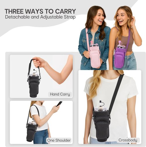 And Per Se Neoprene Water Bottle Carrier Bag - Crossbody Sling for Stanley 40oz Tumbler, Adjustable Strap & Phone Pocket (Black)