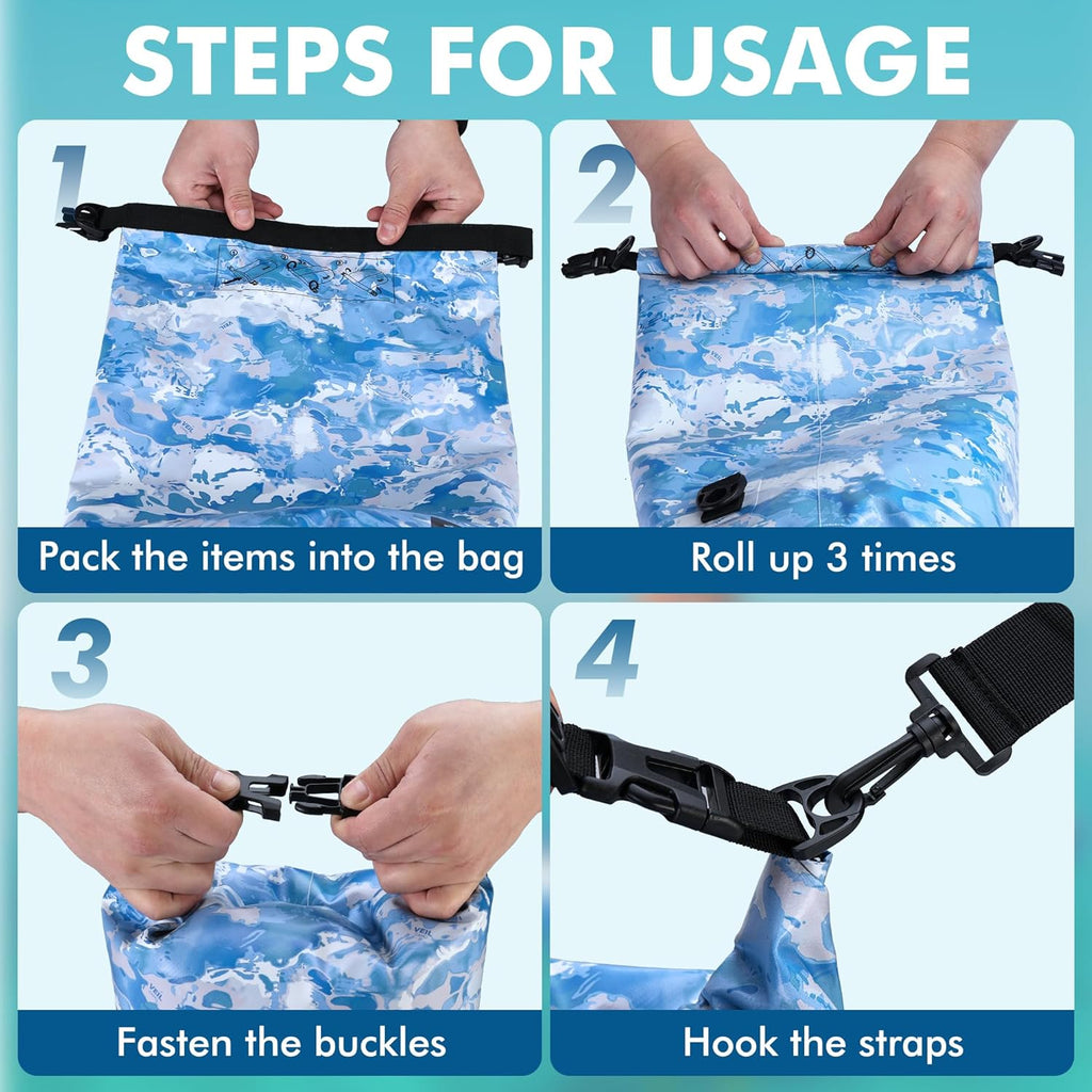 VILLEY Waterproof Dry Bag - 10L Roll Top Backpack for Kayaking, Boating & Camping | Blue Camo Design
