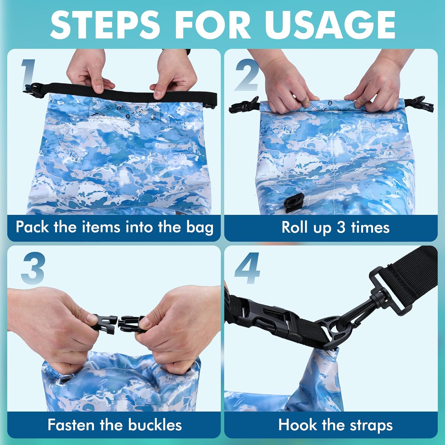 VILLEY Waterproof Dry Bag - 10L Roll Top Backpack for Kayaking, Boating & Camping | Blue Camo Design