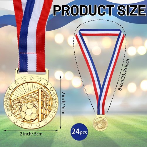 Cunno 24 Pcs Gold Award Medals - 2'' Basketball & Soccer Trophies with Ribbons for Sports Teams