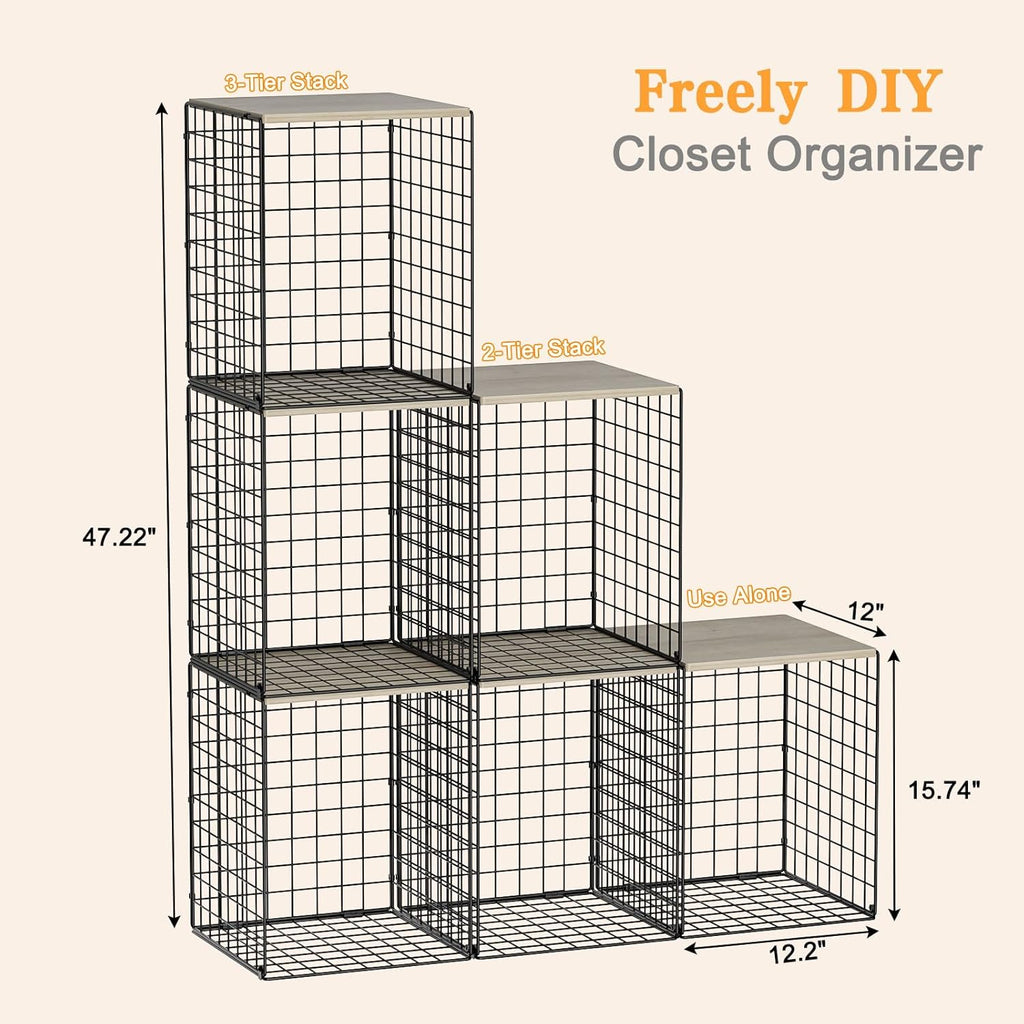 Skiennix Closet Organizers - Set of 3 Stackable Wire Storage Bins with Wood Top | Sturdy Metal Design in Black