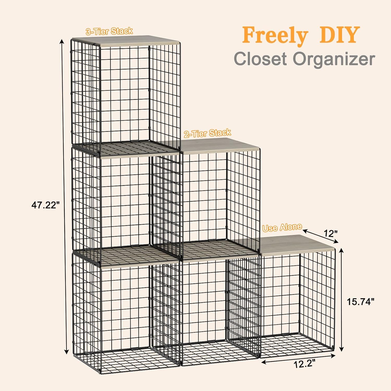 Skiennix Closet Organizers - Set of 3 Stackable Wire Storage Bins with Wood Top | Sturdy Metal Design in Black