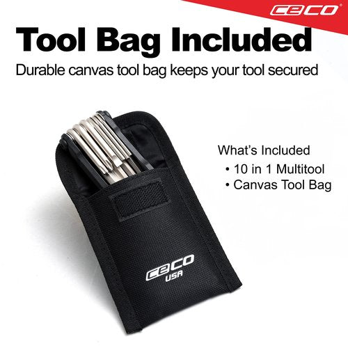 CECO USA 10 Function Bike Tool, Bicycle Multi Tool, Heavy Duty, Compact Pocket Sized, Lightweight, High Strength CR-V 6150 Tool Steel, Easy To Carry, Case Pouch Included, Original