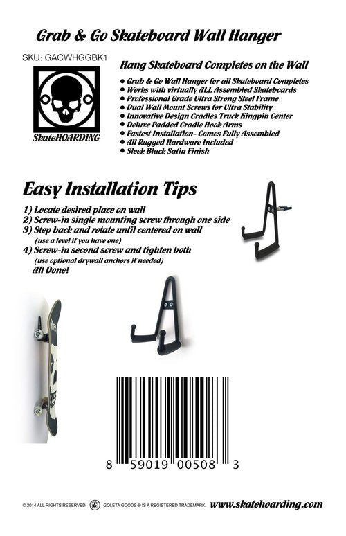 Grab & Go Skateboard Longboard Wall Hanger Storage Mount Rack
